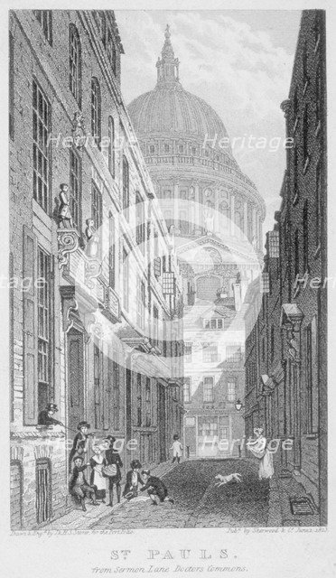 View of St Paul's Cathedral from Sermon Lane, City of London, 1823.       Artist: James Sargant Storer