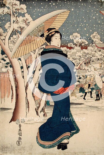 Beauty Walking on a Snowy Day, 1854. Creator: Utagawa Kunisada.