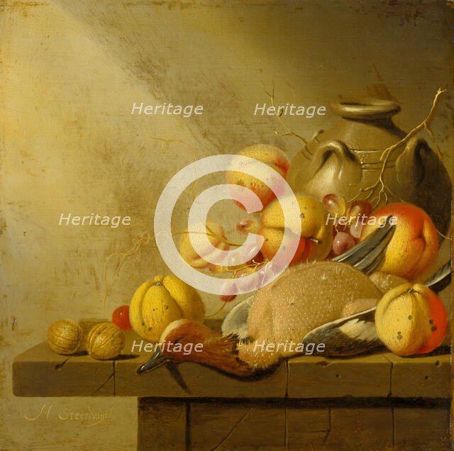 Still Life with Fruit and Plucked Duck, c1651-1653. Creator: Harmen Steenwijck.