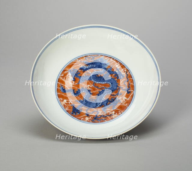 Dish with Dragon Writhing amid Waves, Qing dynasty (1644-1911), Kangxi reign (1662-1722). Creator: Unknown.