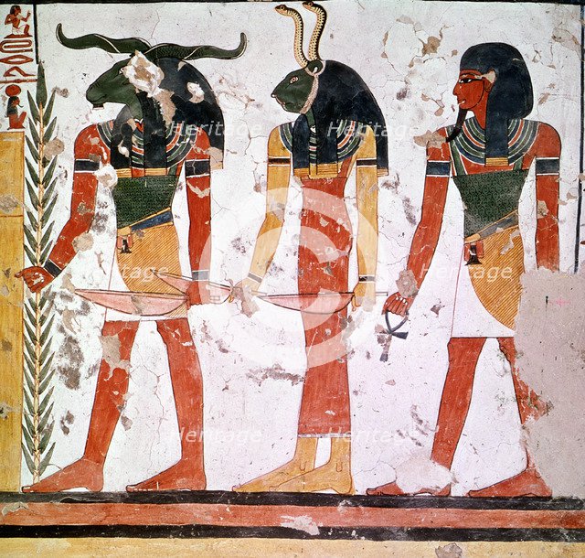 Tomb of Nefertari, fresco with the Knoum and Sekeuti Gods.