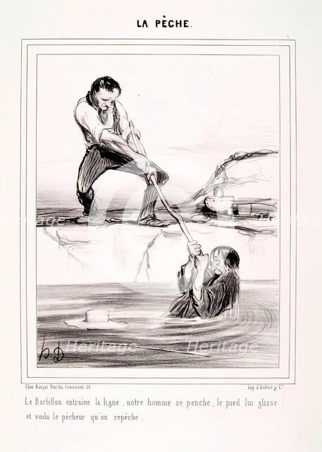 La Pêche. Le Barbillon entraine la ligne.., 1840. Creator: Honore Daumier.