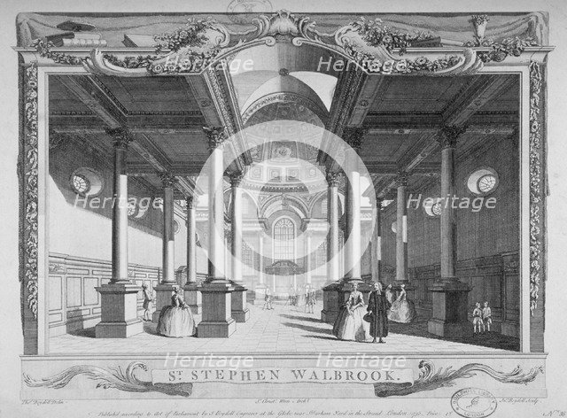 Interior view looking east, Church of St Stephen Walbrook, City of London, 1750. Artist: John Boydell