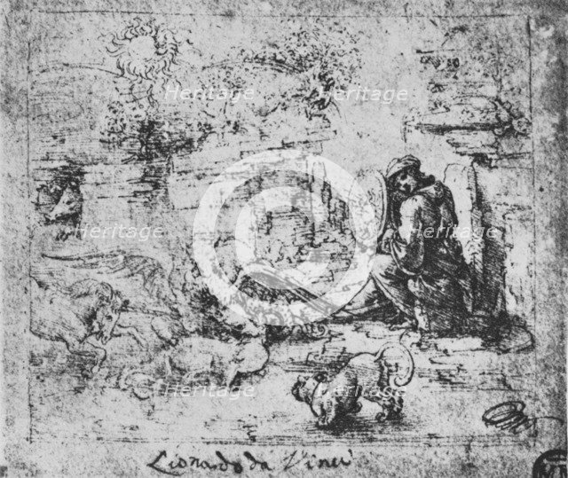 'Allegory: Animals Fighting and a Man with a Burning-Glass', c1480 (1945). Artist: Leonardo da Vinci.