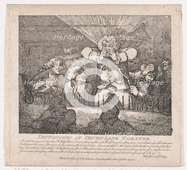 Imitations at Drury-Lane Theatre (Picturesque Beauties of Boswell, Part the Secon..., June 20, 1786. Creator: Thomas Rowlandson.