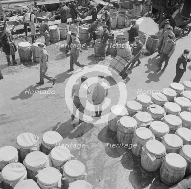 Barrels of fish on the docks at Fulton fish market ready to be shipped to retailers, New York, 1943. Creator: Gordon Parks.