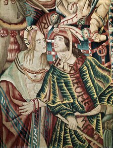  'A Portuguese man and an Indian woman'. Detail of a Flemish tapestry from Tournai, it's part of …