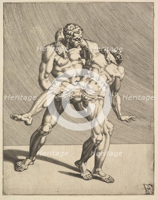 Wrestlers, from Wrestlers, plate 3, 1552. Creator: Dirck Volkertsen Coornhert.