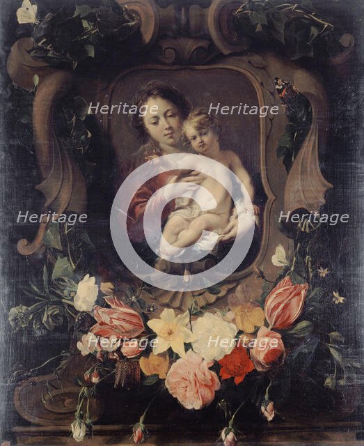 Vierge à l'enfant dans une couronne de fleurs, 17th century. Creator: Daniel Seghers.