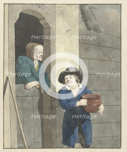Boy with a pot with a woman leaning on a lower door, 1700-1800. Creator: W. Barthautz.