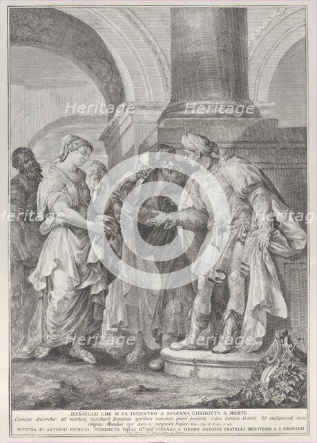 Daniel argues with the elders while Susanna stands at left, 1732-50. Creator: Pietro Monaco.