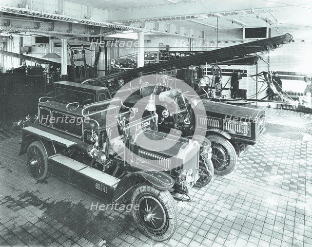 Fire engines at Cannon Street Fire Station, City of London, 1913. Artist: Unknown.