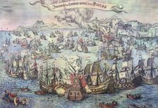 Naval Battle of the Dunes, the ships of Admiral Oquendo against the ones of the Dutch Admiral Har…