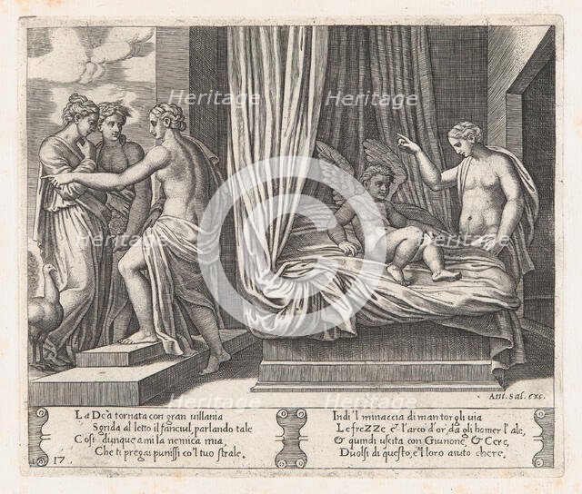 Plate 17: Venus chastising Cupid, who sits on a bed, with Psyche at right, from the Sto..., 1530-60. Creator: Master of the Die.