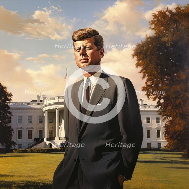 AI IMAGE - Portrait of John F Kennedy standing in front of the White House, 1960s, (2023). Creator: Heritage Images.