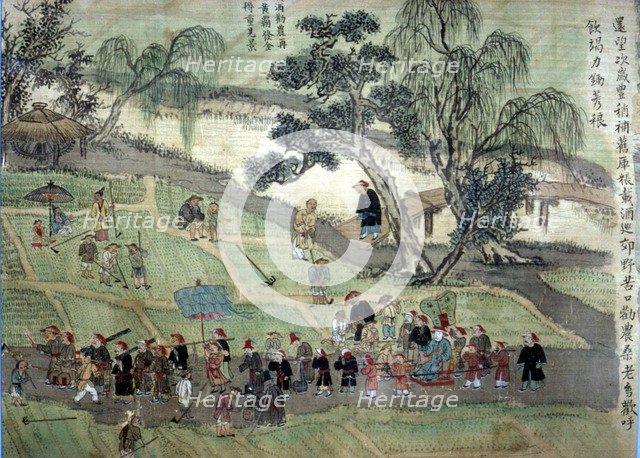 Chao Hsia visiting the fields, encouraging people to plant Mulberry trees. Artist: Unknown.
