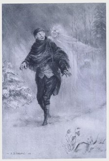 Ichabod Crane imagining a phantom at his shoulder, 1899.  Creator: Frederick Simpson Coburn.