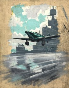 Aeroplane taking off from aircraft carrier, between 1939 and 1946. Creators: Unknown, Central Office of Information.