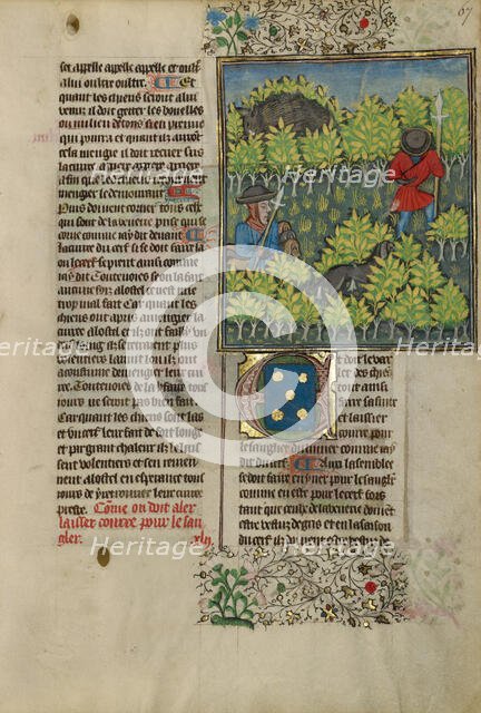 Hunters Pursuing a Wild Boar; Livre de la Chasse, about 1430-1440. Creator: Unknown.