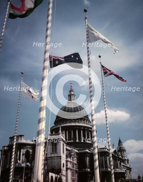 Flags outside St Paul's Cathedral, Coronation of Elizabeth II, 1953. Creator: Arthur Charles Kirby Ware.