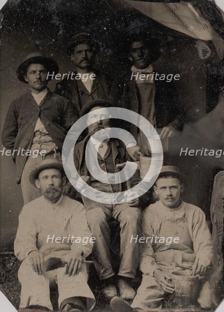 Six Workmen Holding Various Trade Tools: Paint Brushes, Bucket, Glass Bottle, and Ha..., 1860s-70s. Creator: Unknown.
