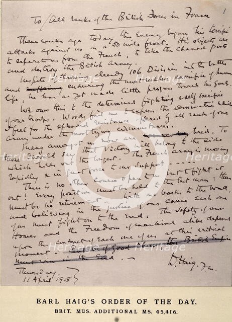 Earl Haig's Order of the Day, 11 April 1918.  Creator: Sir Douglas Haig.
