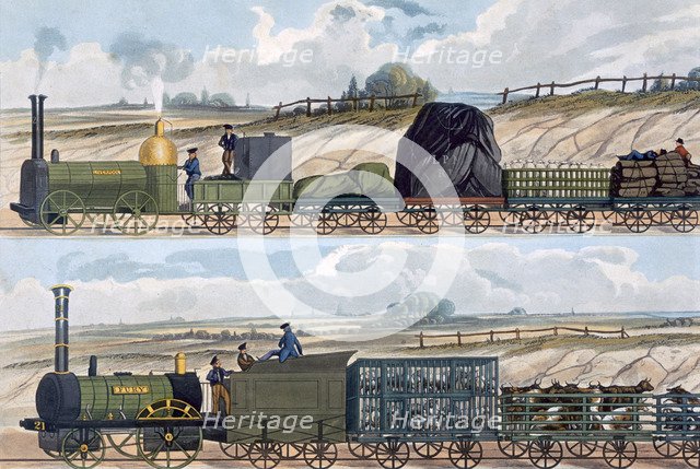 Trains on the Liverpool and Manchester Railway, 1832-1833. Artist: SG Hughes