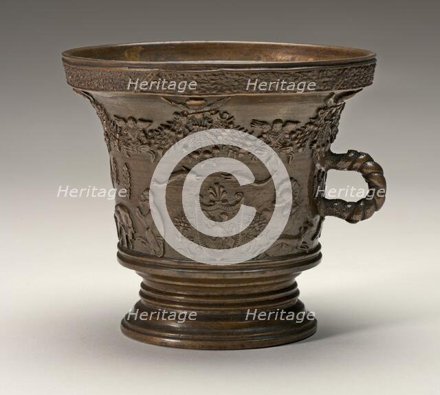 Mortar with Animals, Festoons, Shields of Arms, and Rope-shaped Handle, early 16th century. Creator: Unknown.