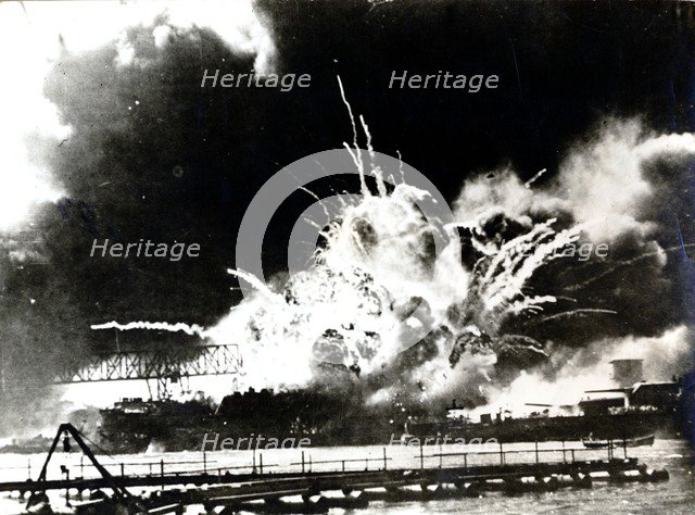 USS 'Shaw' exploding during the attack on Pearl Harbour, Hawaii, World War II, 7 December 1941. Artist: Unknown