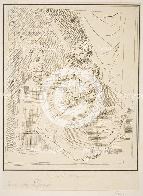 A female figure seated beside a flower vase, 1775. Creator: Unknown.