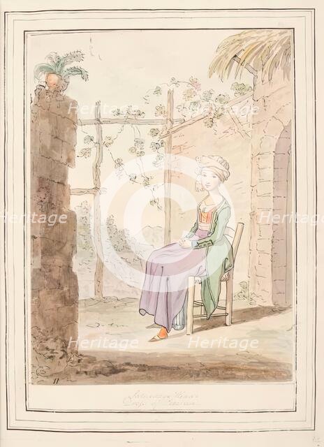 Saturdays Head Dress of Procida, leaf from 'A Collection of Dresses by David Allan..., 1776. Creator: David Allan.