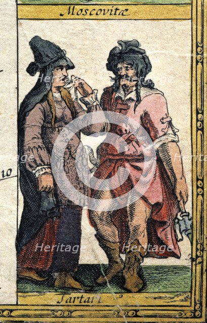 Tartar types, colored engraving from the book 'Le Theatre du monde' or 'Nouvel Atlas', 1645, crea…
