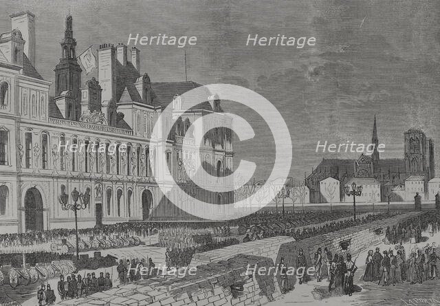 Barricades and artillery park of the Communards, Place de l'Hôtel de Ville, Paris Commune, 1871. Creator: Enrique Laporta Valor.