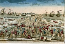 Invasion of Portugal. (1762). 'Taking of Salvatierra on September 16, 1762', colored engraving.