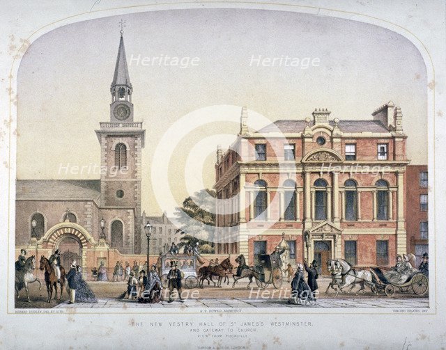 St James's Church, Piccadilly and the new vestry hall, London, c1856.                                Artist: Robert Dudley