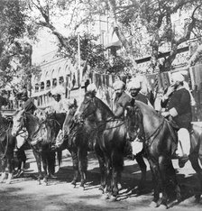 Punjabi horsemen outside the railway station at Delhi, India, 1900s.Artist: H Hands & Son