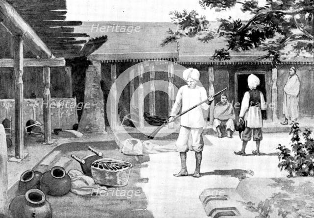 Sketches in Chitral: interior of a headman's house in Mian-Kili, 1895. Creator: George Meisenbach.