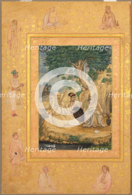 Page from the Late Shah Jahan Album: Prince and Ascetics, c. 1630. Creator: Govardhan (Indian, active c.1596-1645), attributed to.