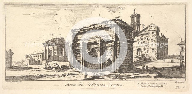 Plate 13: Arch of Settimius Severus 1. Temple of Concord. 2. Ascent to the Capitoline ..., ca. 1748. Creator: Giovanni Battista Piranesi.