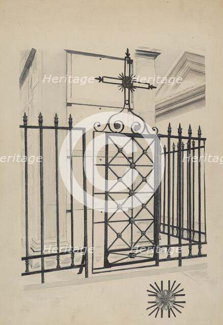 Iron Gate and Fence, c. 1936. Creator: Ray Price.