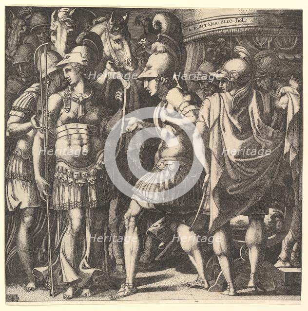 Alexander welcoming Thalestris and the Amazons, mid-16th century. Creator: Master FG.