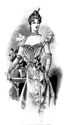 Ladies' Page: a white satin evening gown, 1898. Creator: Picador.