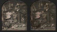 Stereograph Still-life of Fowl with Initialed Barrel and Root Vegetables, 1850s. Creator: Thomas Richard Williams.
