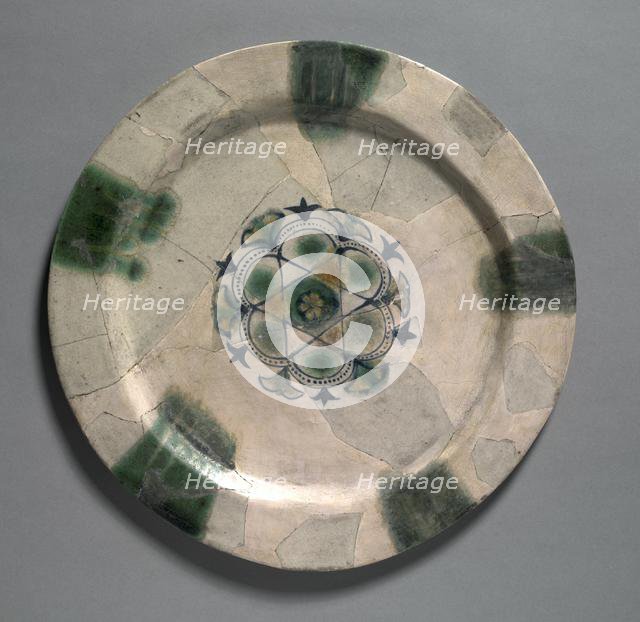 Earthenware Dish Painted Blue with Splashes of Green and Yellow, 830-900. Creator: Unknown.