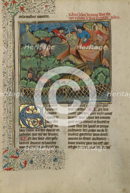 Hunters and Dogs Pursuing a Wild Goat; Livre de la Chasse; A Boar Hunt, about 1430-1440. Creator: Unknown.