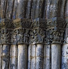 Church of Our Lady of Baldos in Montañana (Huesca), detail of the capitals of the main entrance w…