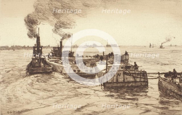 Tugboats and Barges, 1887. Creator: Charles Adam Platt.