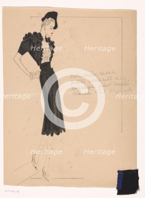 Robe crepe noir (avec) petits volants au corsage, gilet brodé blanc sur organdi, 1938-1939.  Creator: Marcel Dhorme.