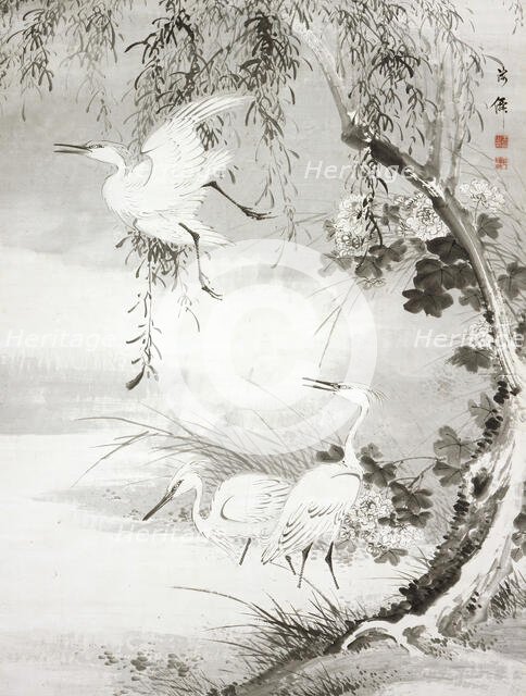 Herons and Willow, 19th century. Creator: Oda Kaisen.