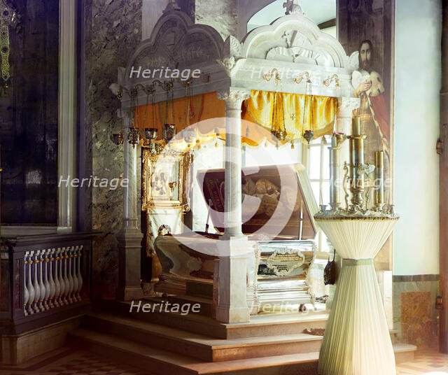 Sepulchre of the Venerable Dimitrii Rostovskii with relics, Yakovlevsky Savior ..., 1911. Creator: Sergey Mikhaylovich Prokudin-Gorsky.